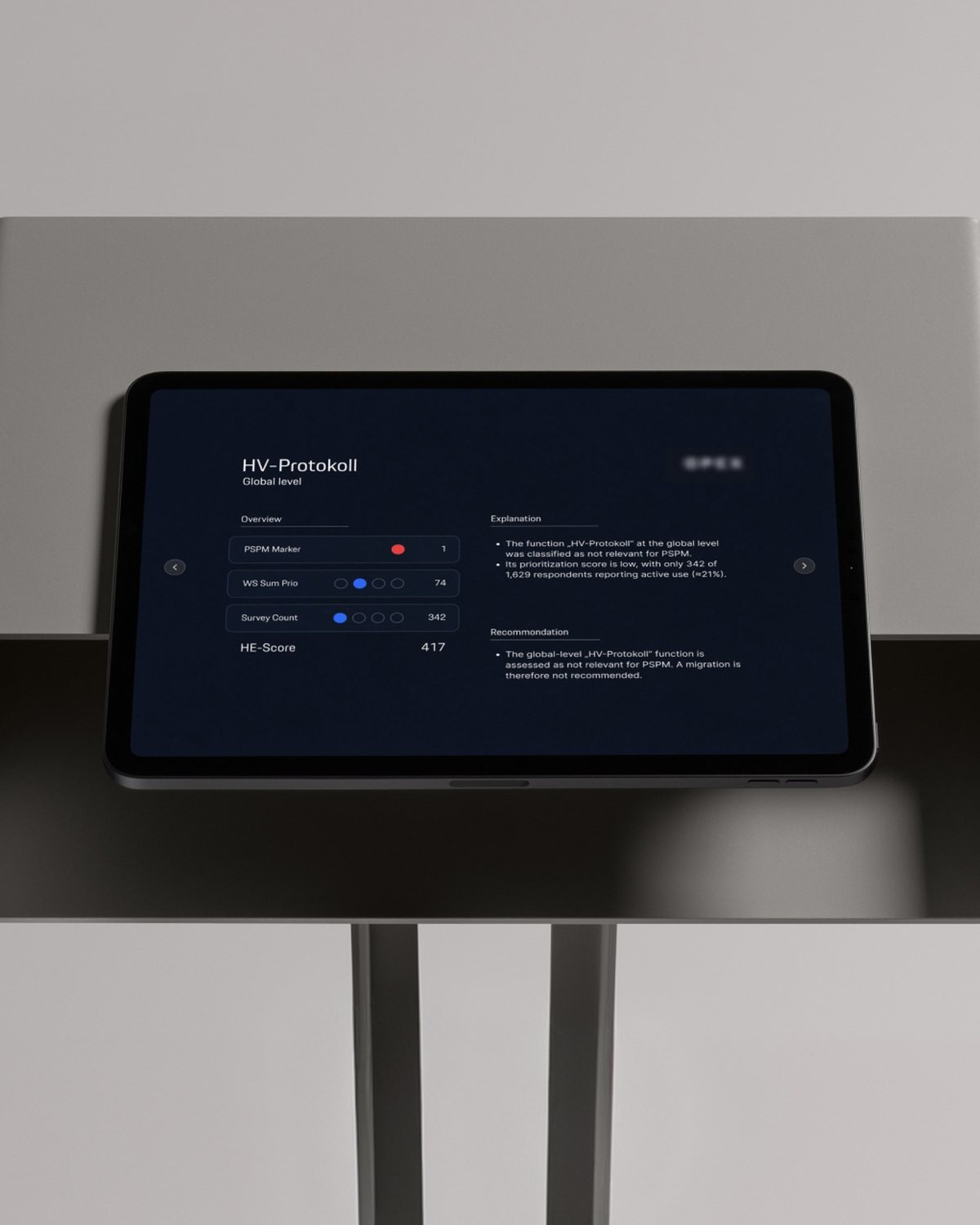 Production app on a tablet in a metal stand